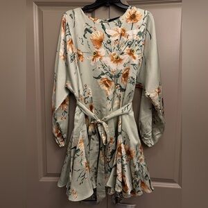 Aakaa Floral Long Sleeve Dress - Green and Orange